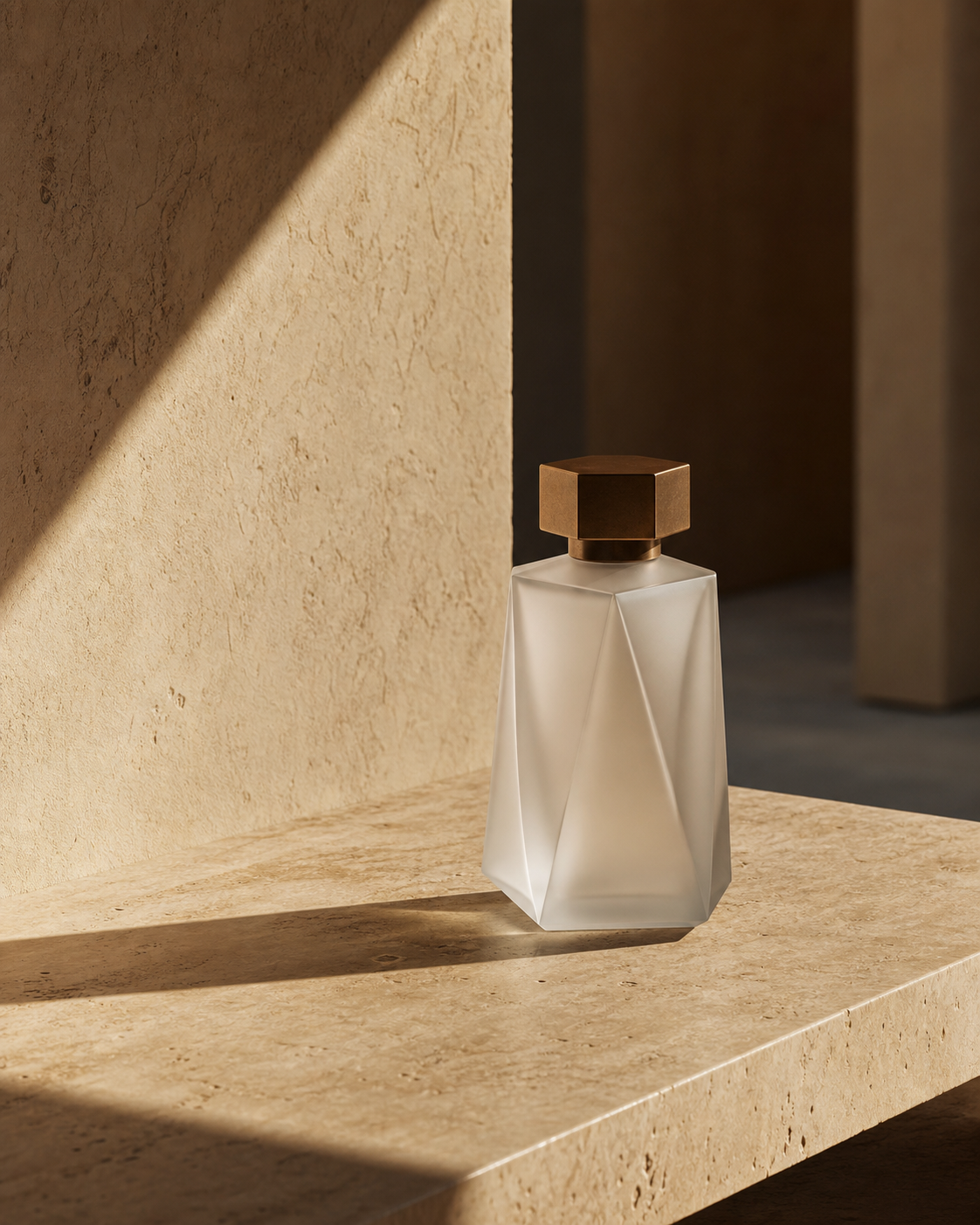 A sculptural glass object in warm architectural light