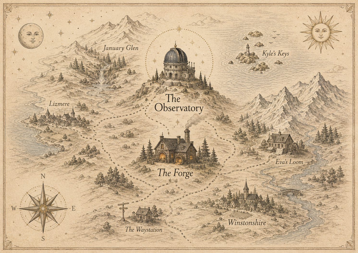 An illustrated map of the Ten Pound Feather world, featuring The Observatory and The Forge