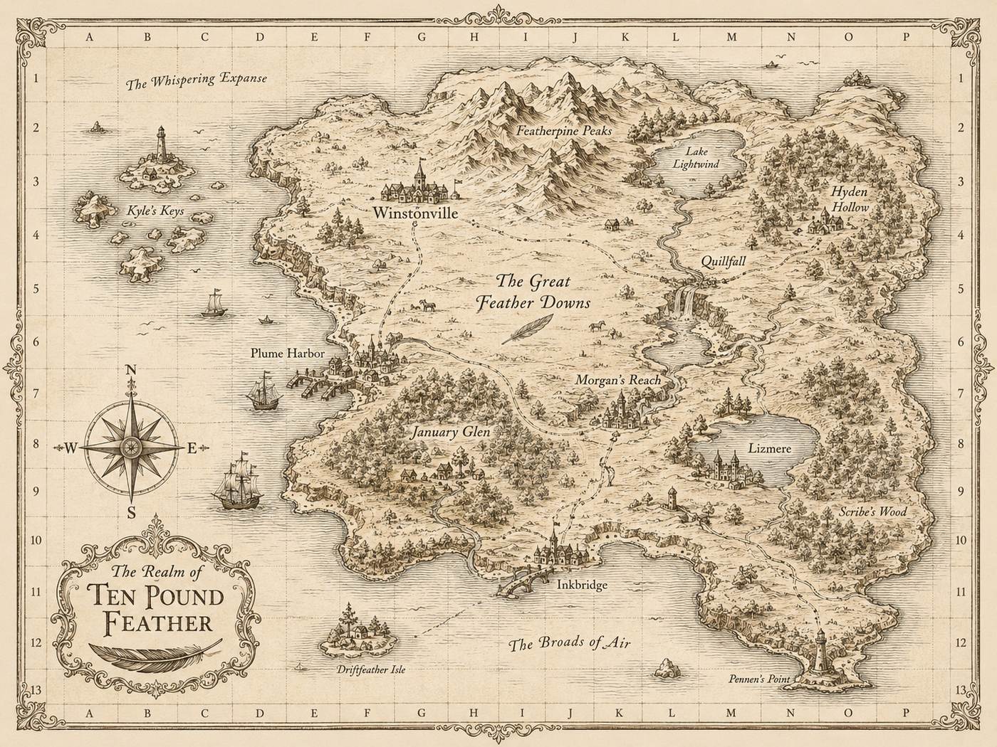 An illustrated map of the Ten Pound Feather world